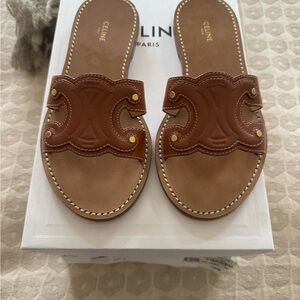 Celine Brown Leather Scalloped Logo Slide Sandals